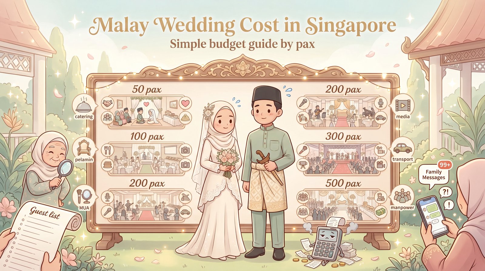 Funny comic infographic showing a Singapore Malay couple comparing wedding cost by 50, 100, 200, 300 and 500 pax.