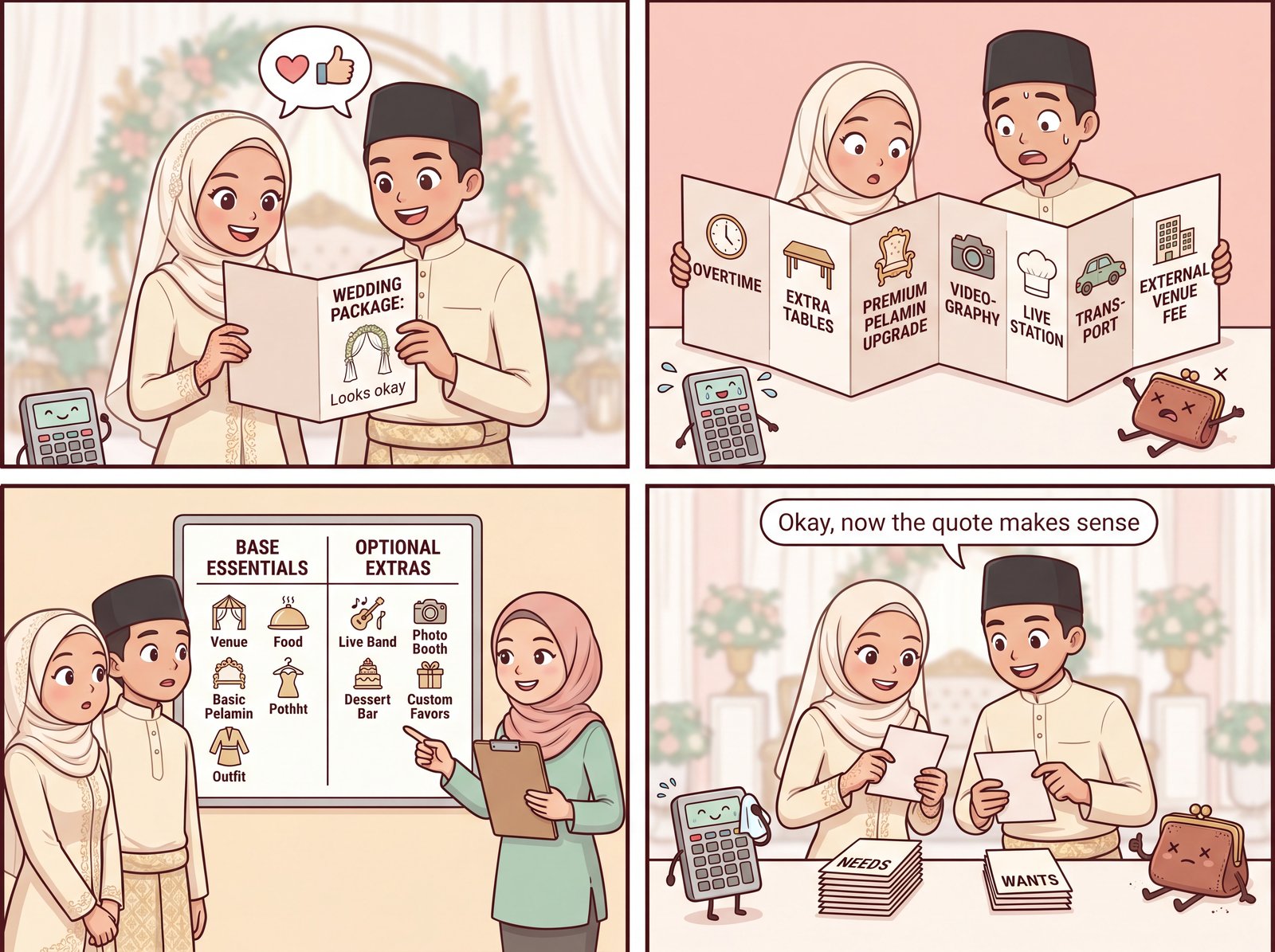 Four-panel comic about hidden Malay wedding costs in Singapore.