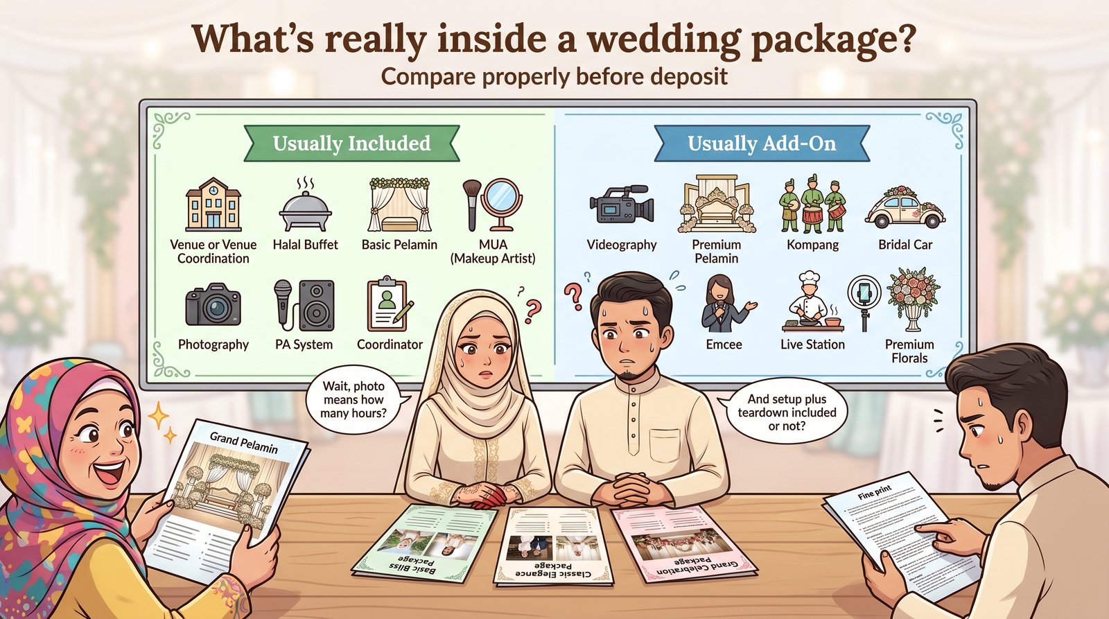 Funny comic infographic of a couple comparing Malay wedding package inclusions and add-ons.
