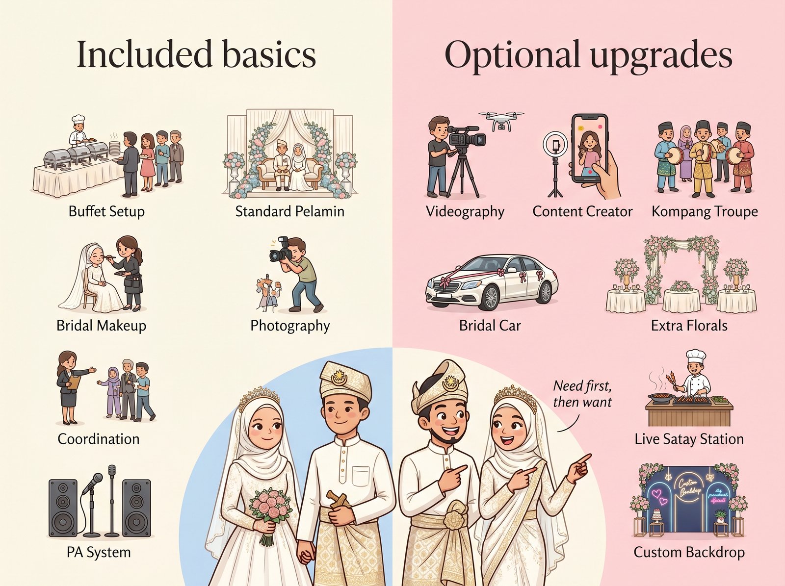 Clear infographic showing included items versus add-ons in a Malay wedding package.