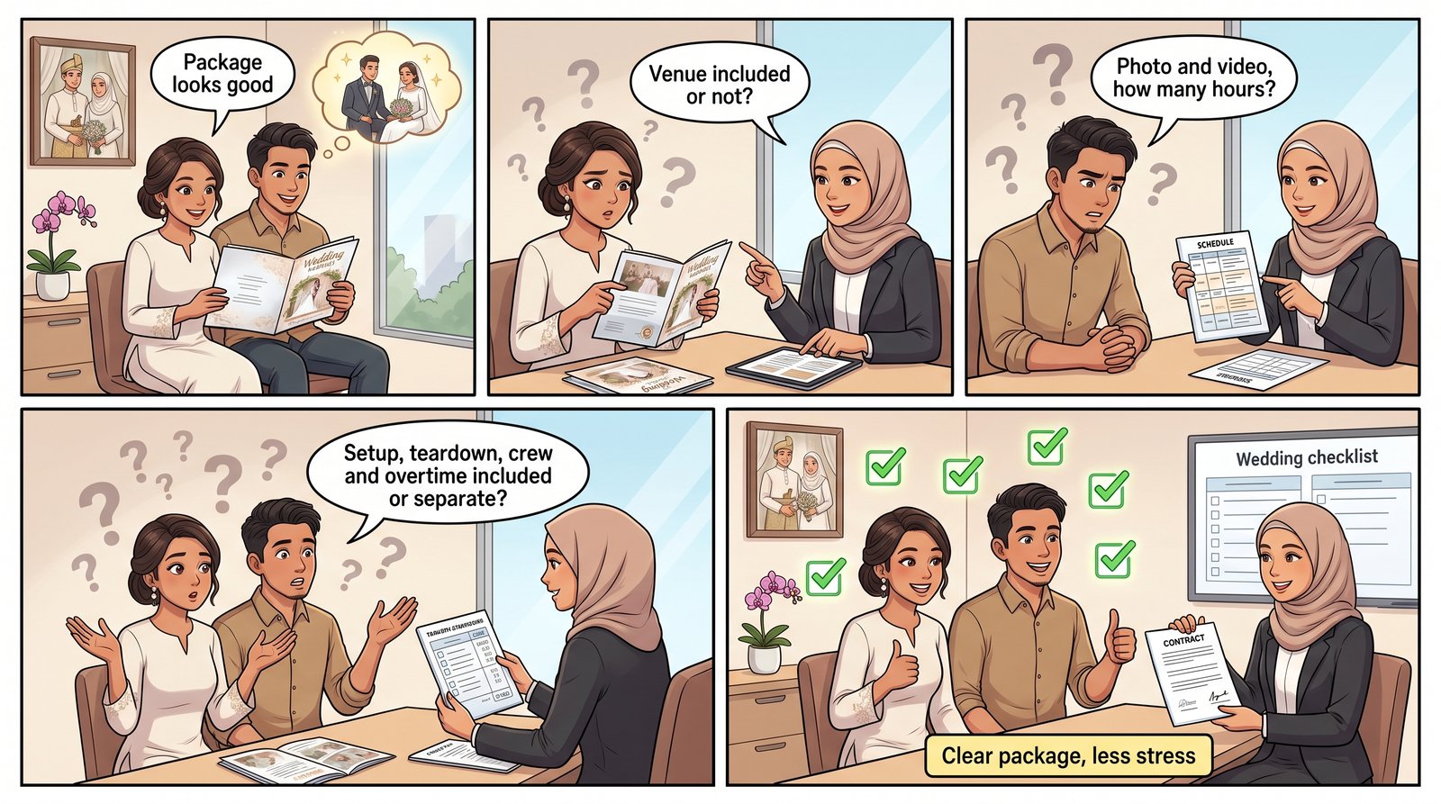 Comic strip showing questions couples should ask before paying a wedding package deposit.