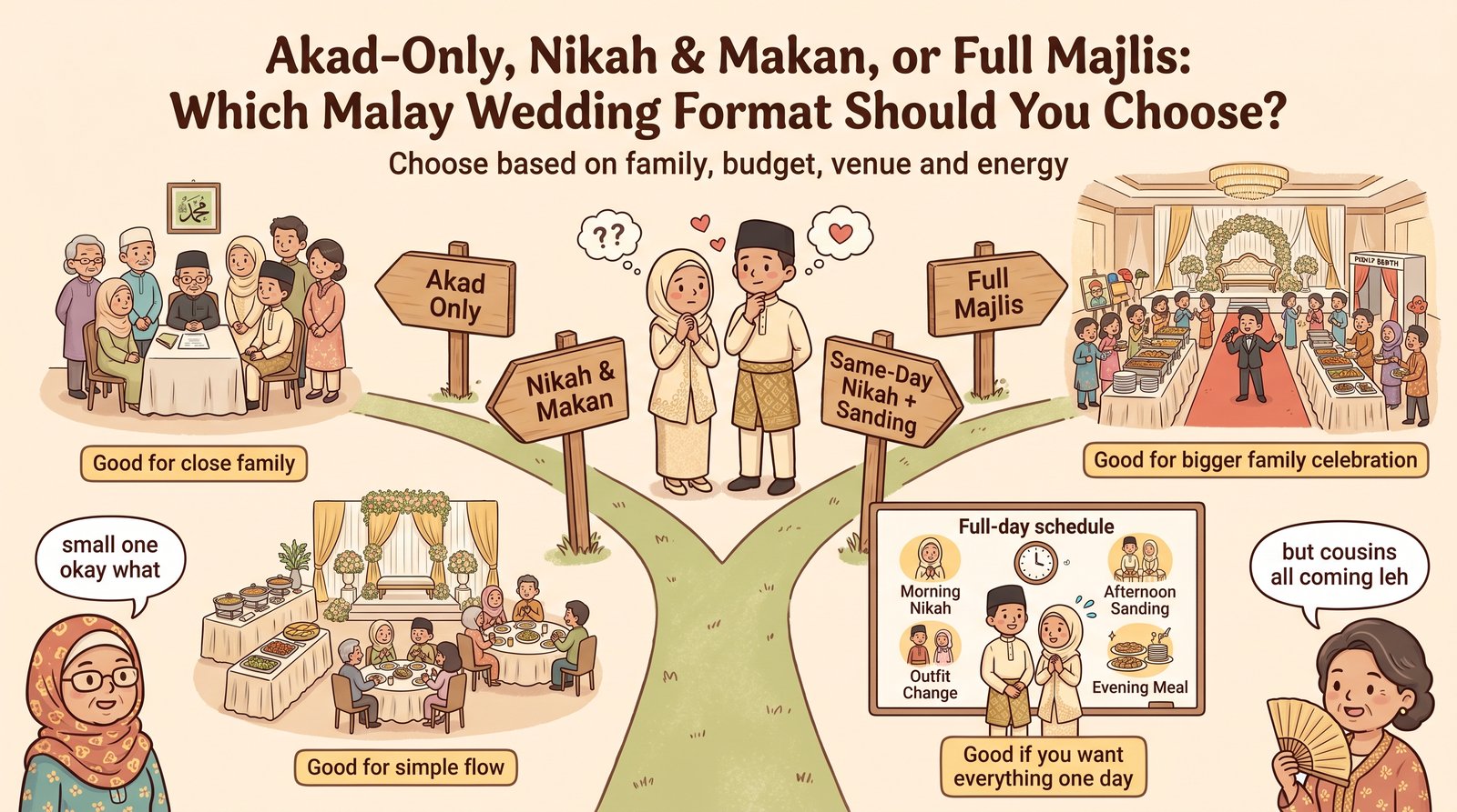Funny infographic showing different Malay wedding formats, from akad-only to full majlis.