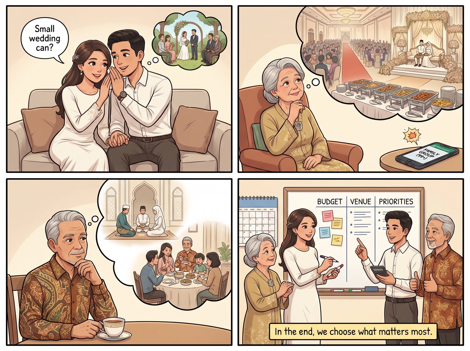 Humorous comic strip about family opinions when choosing a Malay wedding format.