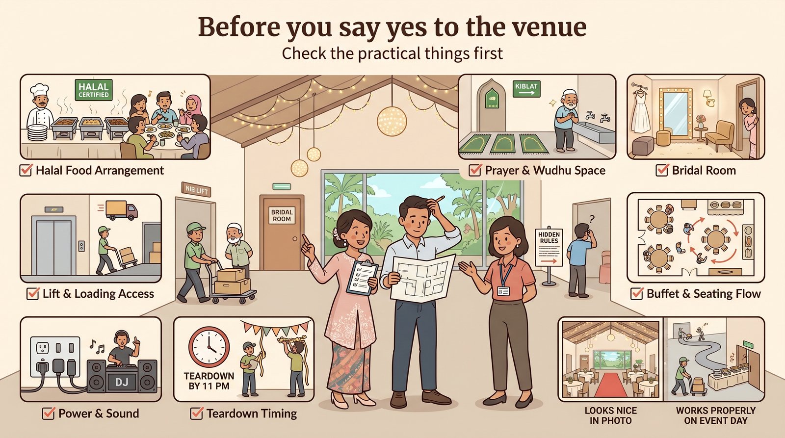 Funny infographic showing the venue checklist for a Singapore Malay wedding.