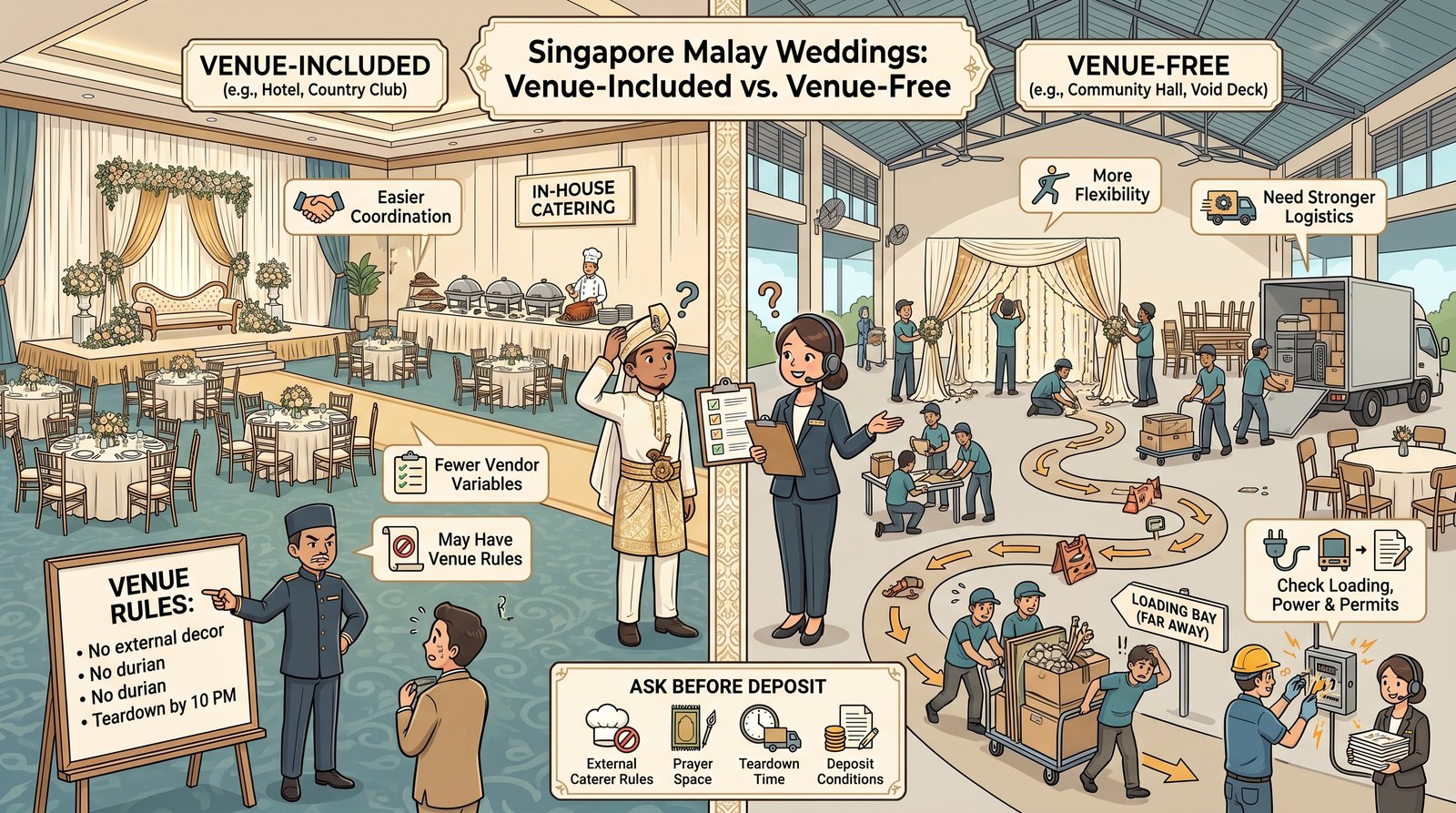Side-by-side infographic comparing venue-free and venue-included Malay weddings.