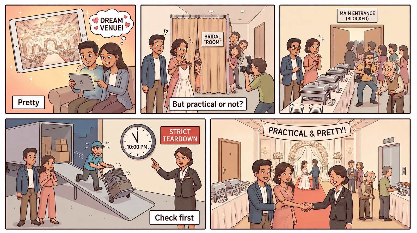 Comic strip showing common venue red flags for Malay weddings in Singapore.