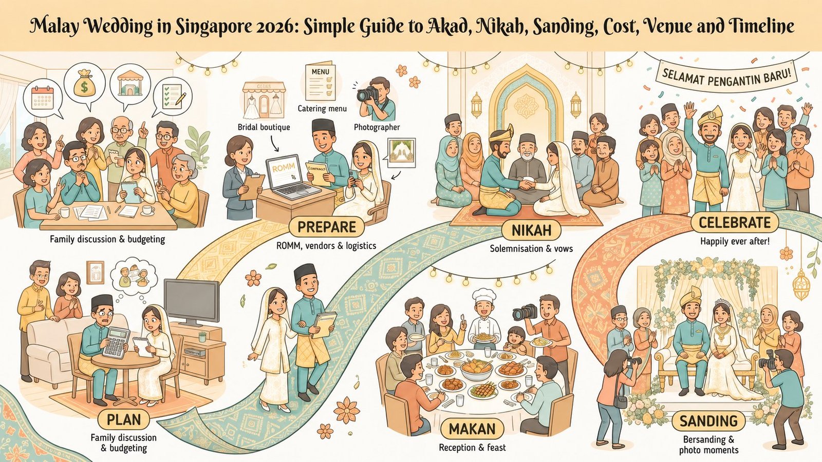 Warm funny infographic showing the full Singapore Malay wedding journey from planning to majlis.