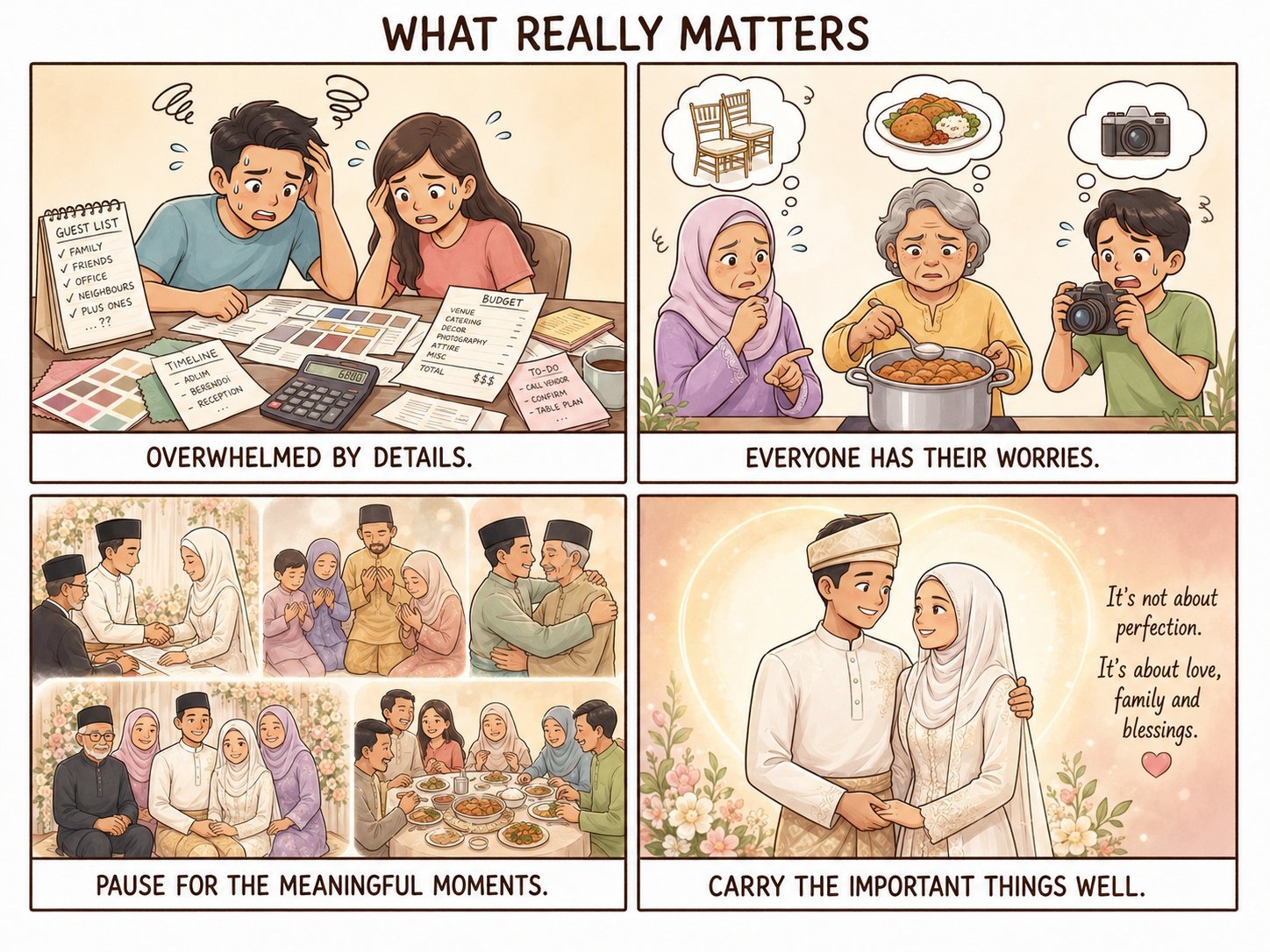 Multi-panel comic reminding couples what really matters in a Malay wedding.